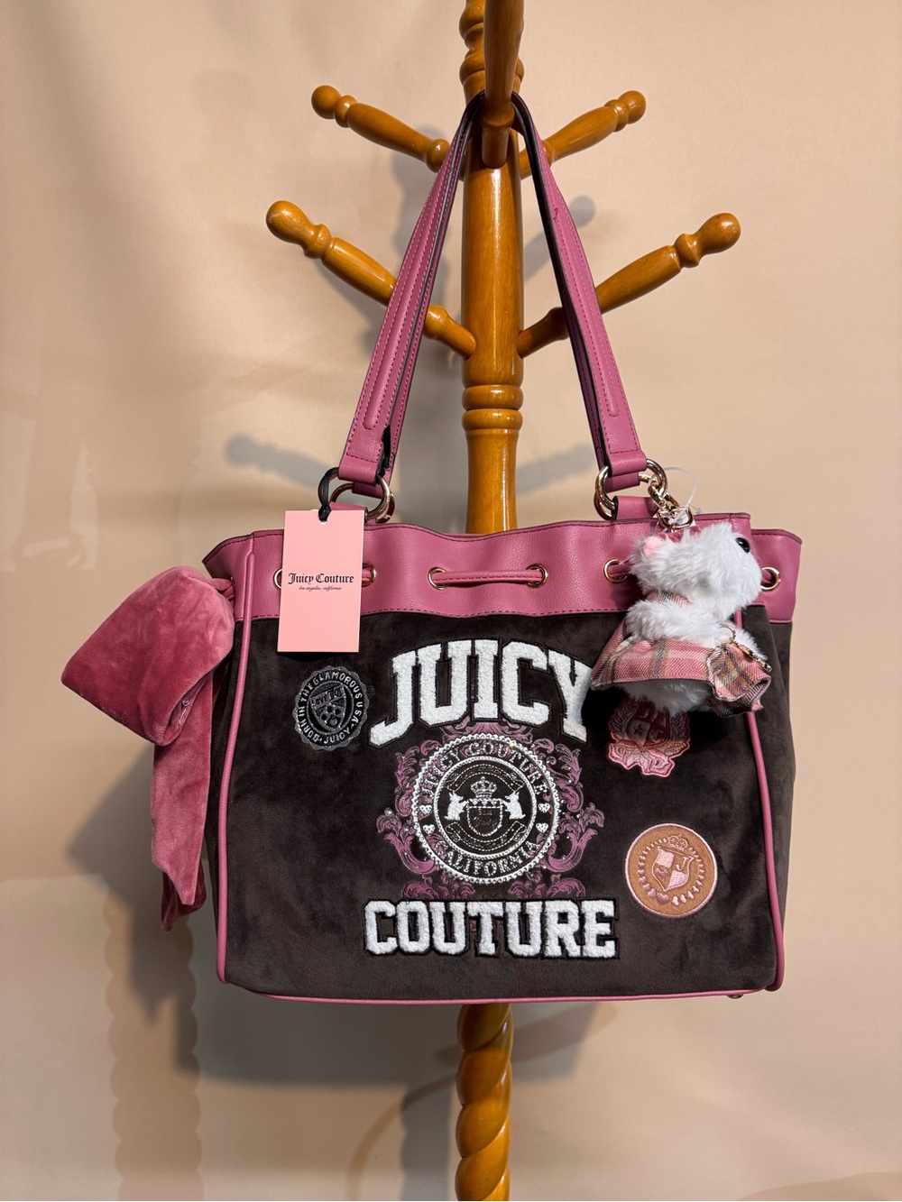 Juicy Couture Chocolate Brown Tote with Pink Trim and Charm and Bow